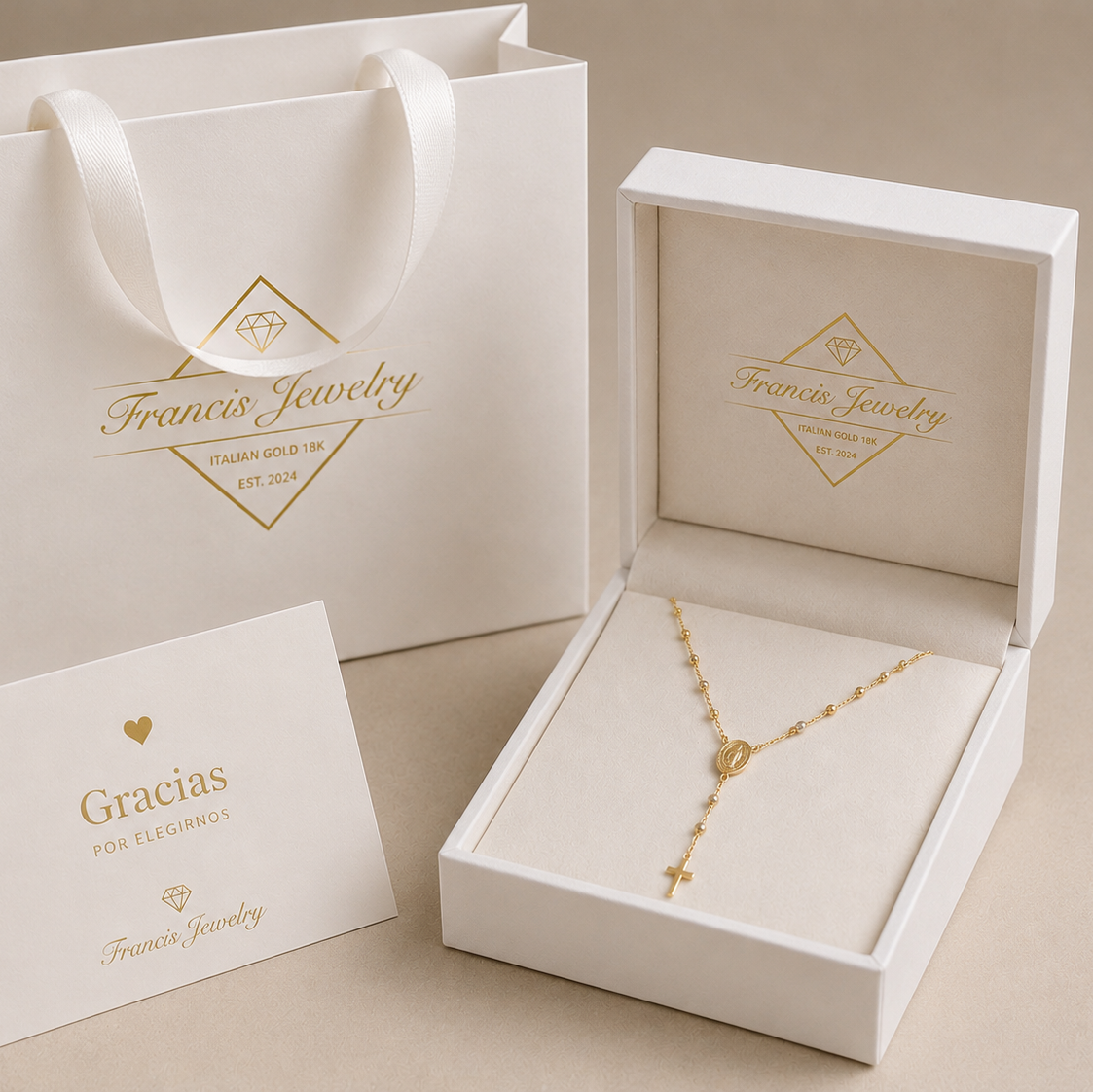 18K Gold Rosary Y-Necklace with Miraculous Medal & Cross