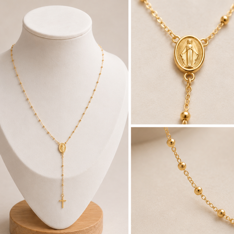18K Gold Rosary Y-Necklace with Miraculous Medal & Cross