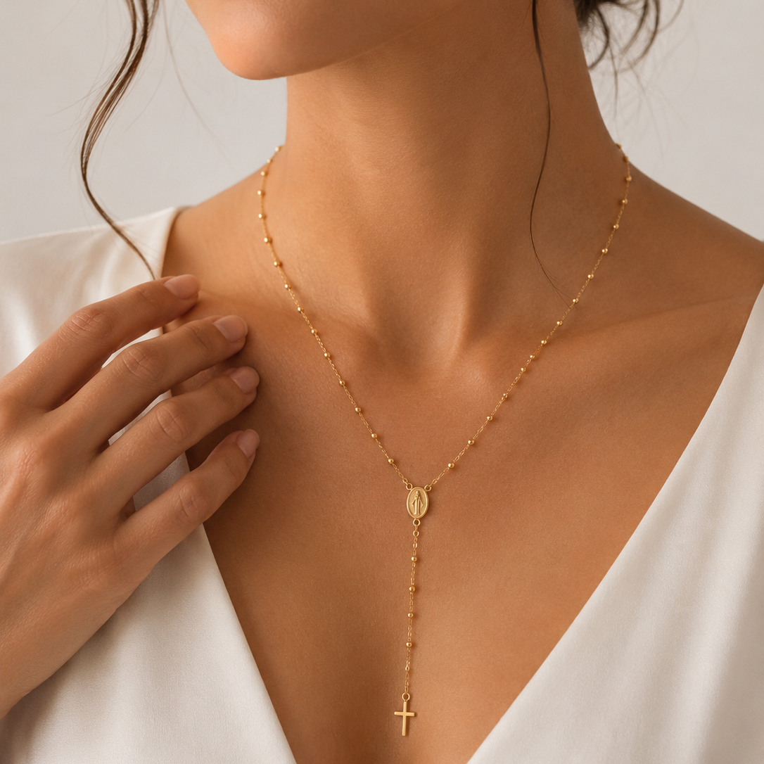 18K Gold Rosary Y-Necklace with Miraculous Medal & Cross