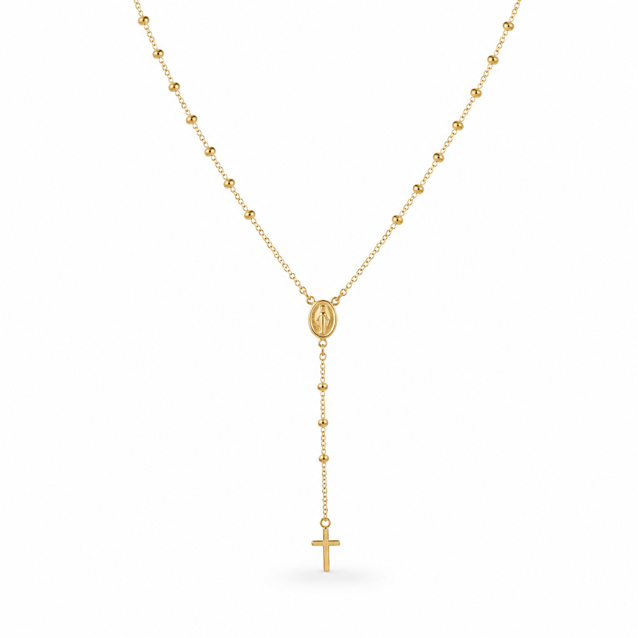18K Gold Rosary Y-Necklace with Miraculous Medal & Cross