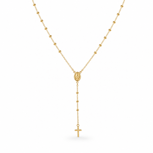 18K Gold Rosary Y-Necklace with Miraculous Medal & Cross