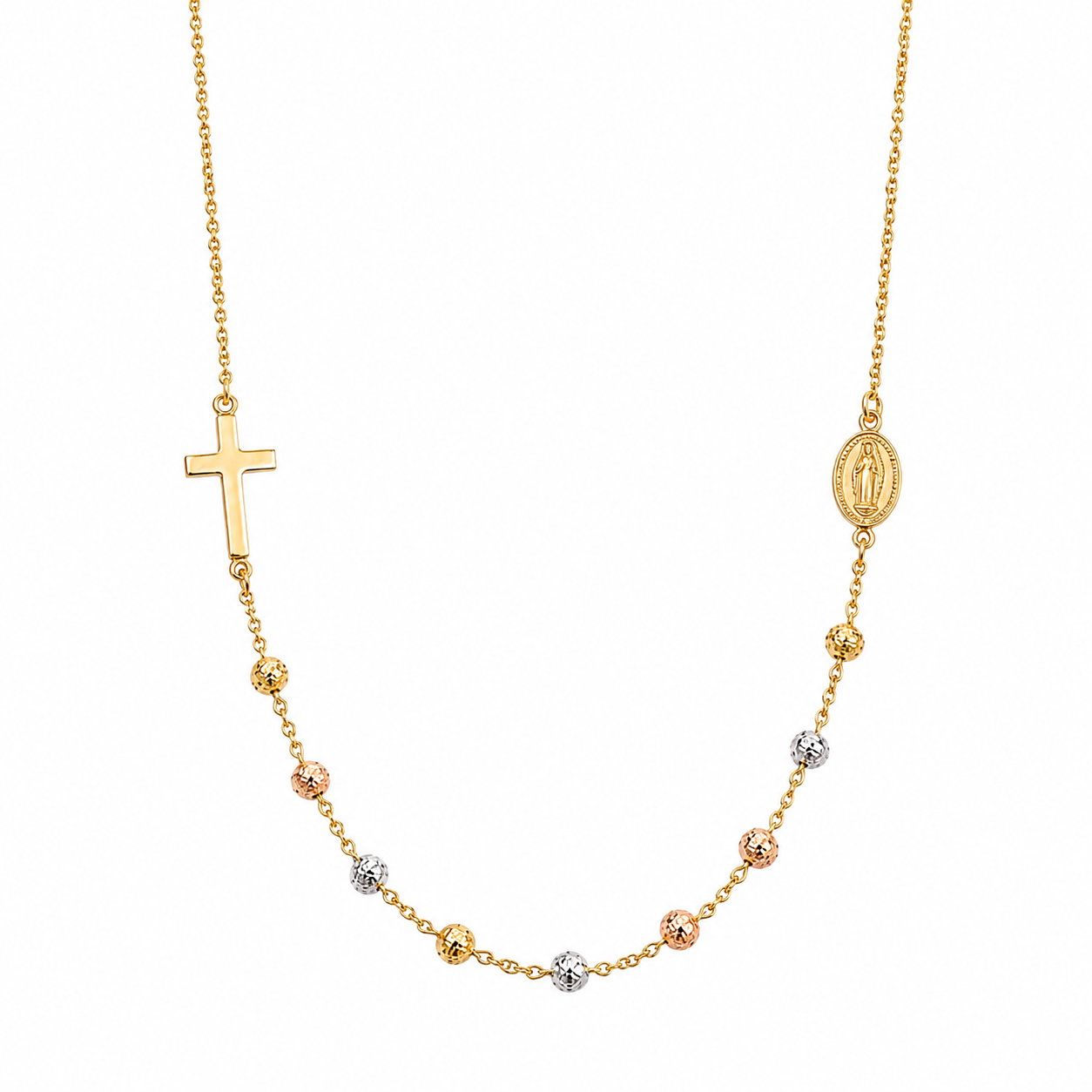 18K Gold Rosary Necklace with Miraculous Medal and Cross
