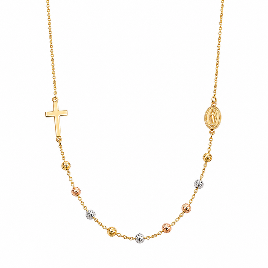 18K Gold Rosary Necklace with Miraculous Medal and Cross