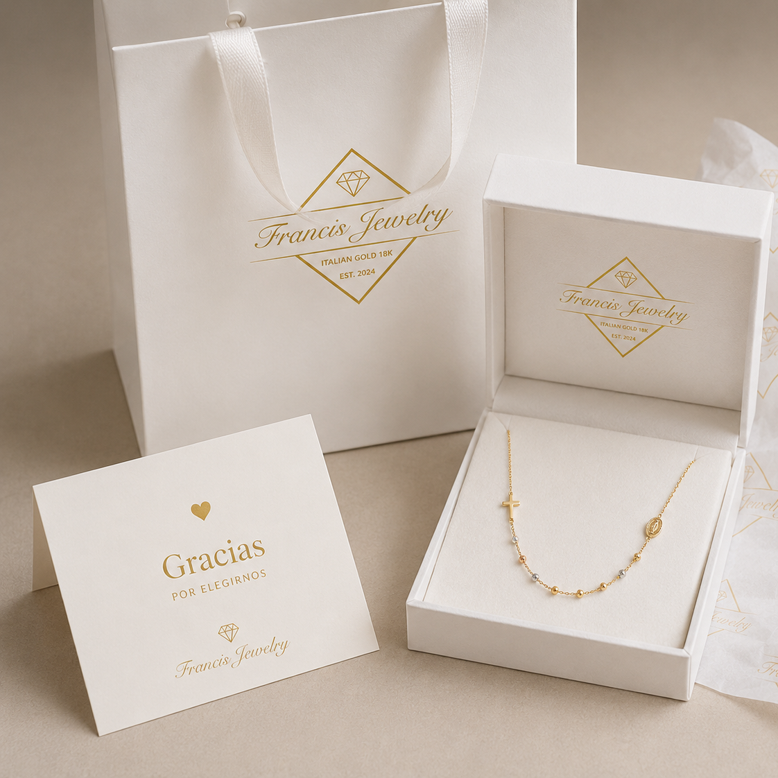 18K Gold Rosary Necklace with Miraculous Medal and Cross