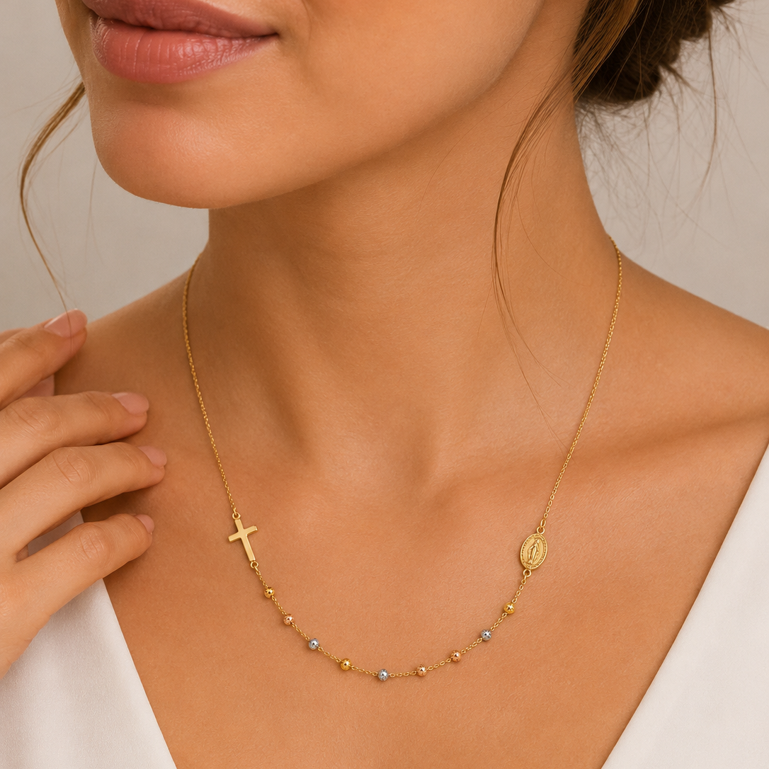 18K Gold Rosary Necklace with Miraculous Medal and Cross